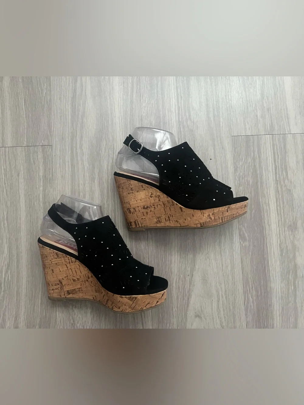 POP Edi Persons Black Studded Cork Wedge Sandals Peep Toe Slingback Size 8.5